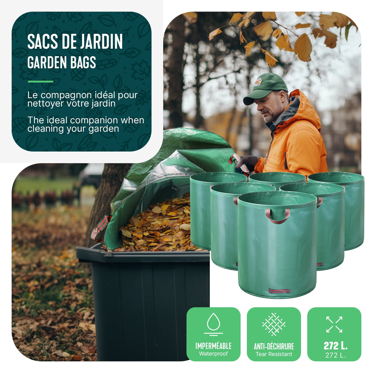 Sacs de jardin XXL 272L – Nettoyage de cour sans effort