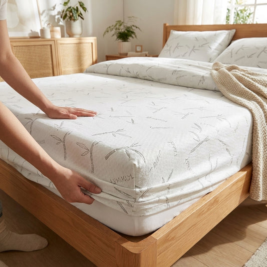LISTINGOPT::kovosis::1p-cooling-bamboo-fiber-fitted-sheet-breathable-mattress-protector-cover-with-deep-pocket-for-summer::02-inuse