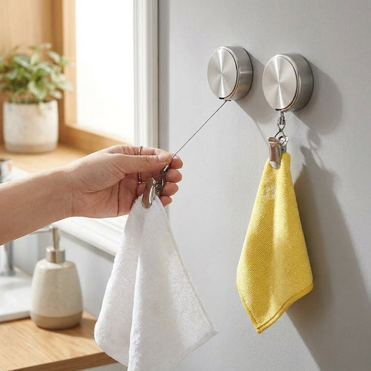 LISTINGOPT::kovosis::1pc-no-drill-self-adhesive-automatic-retractable-towel-rack-wall-mounted-hand-towel-holder-with-stainless-steel-cable-clamp::02-inuse