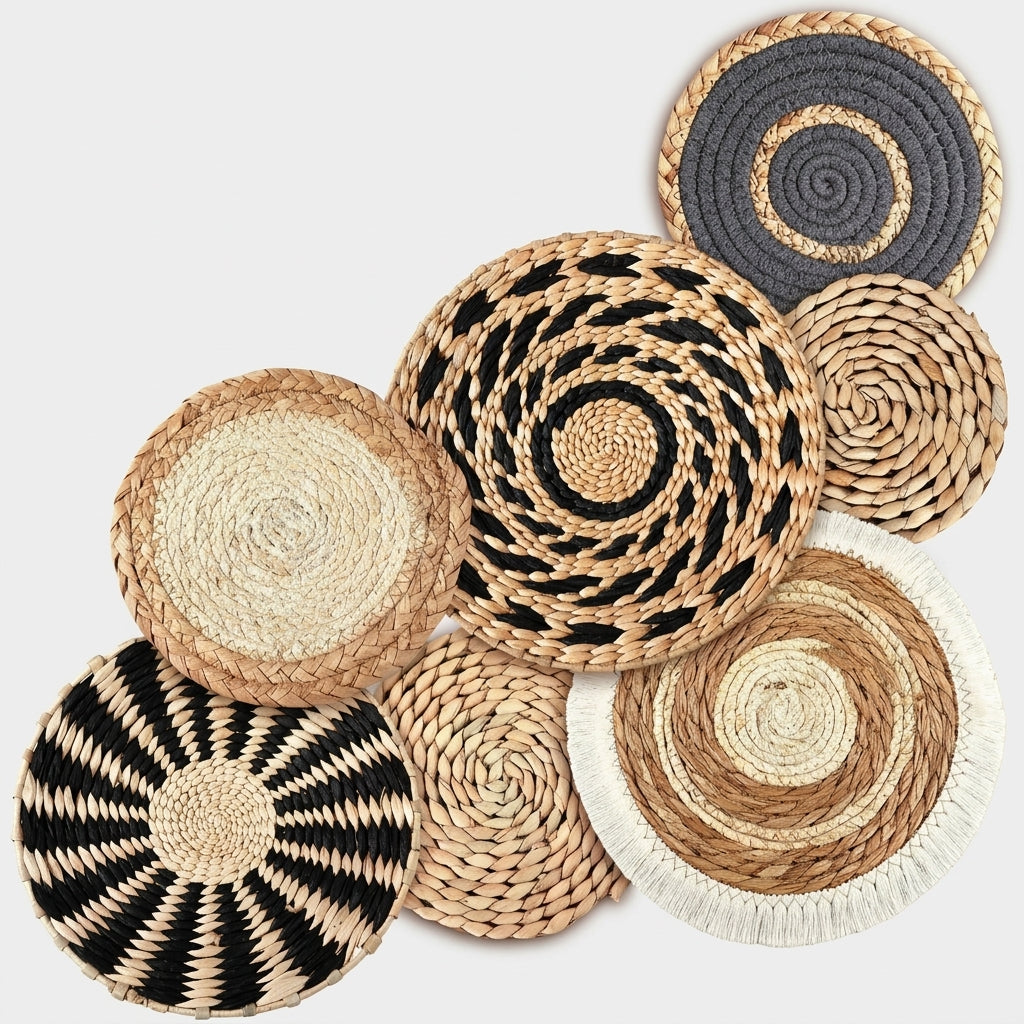 LISTINGOPT::kovosis::7pcs-boho-chic-handcrafted-seagrass-wall-baskets-rattan-woven-round-bohemian-decor-for-homefarmhouse-featherlessversatile-use::04-closeup