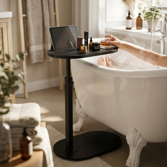 LISTINGOPT::kovosis::bamboo-bathtub-side-tray-wooden-bathtub-tray-table-height-adjustable-freestanding-bath-caddy-tray-bathtub-side-table-home-spa::02-inuse