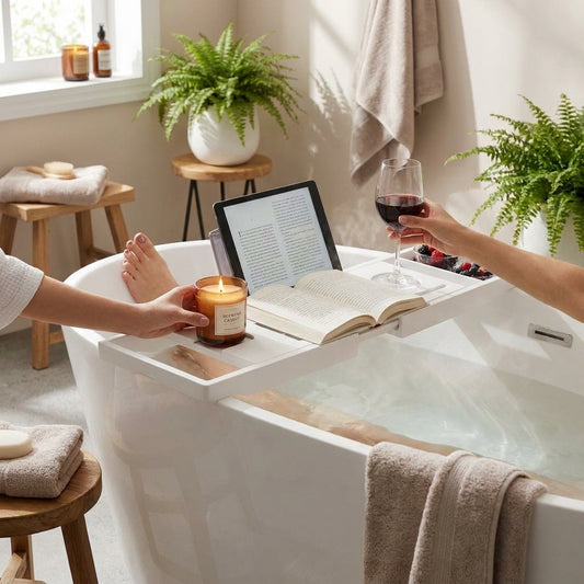 LISTINGOPT::kovosis::expandable-drain-bath-shelf-caddy-tray-multifunctional-plastic-bathtub-tray-bathroom-organizer-simple-stylish-bathtub-storage::02-inuse
