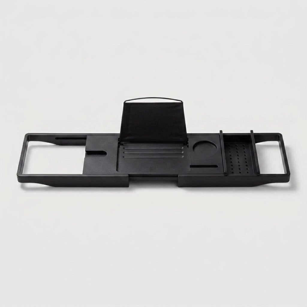 LISTINGOPT::kovosis::expandable-drain-bath-shelf-caddy-tray-multifunctional-plastic-bathtub-tray-bathroom-organizer-simple-stylish-bathtub-storage::color-black