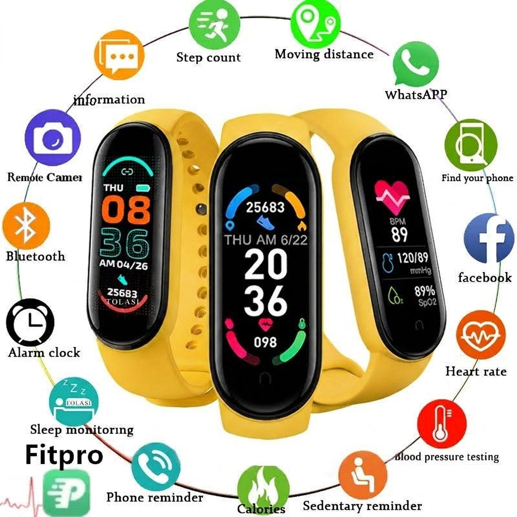 LISTINGOPT::kovosis::m6-smart-watch-men-women-fitness-smart-bracelet-sports-band-heart-rate-blood-pressure-monitor-waterproof-multi-function-watches::color-yellow