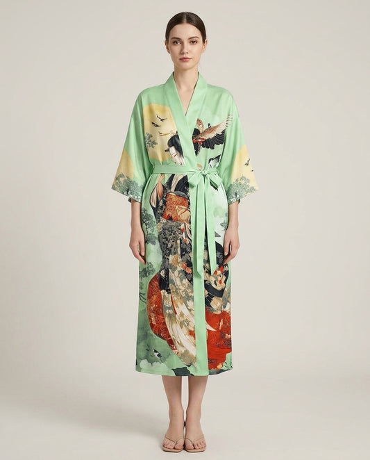 LISTINGOPT::kovosis::traditional-ethnic-japanese-vintage-beauty-print-mid-length-seven-eighth-sleeve-satin-kimono-cardigan-thin-outerwear-for-women-european-and-american-elegant-street-style-casual-loose-cover-up-beach-travel-vacation-uchikake-japanese-style-thin-cape::01-front