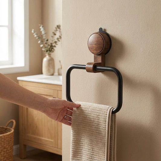 LISTINGOPT::kovosis::vintage-walnut-wood-towel-ring-with-suction-cup-mount-no-drill-wall-mounted-bathroom-towel-holder-stainless-steel-frame::02-inuse