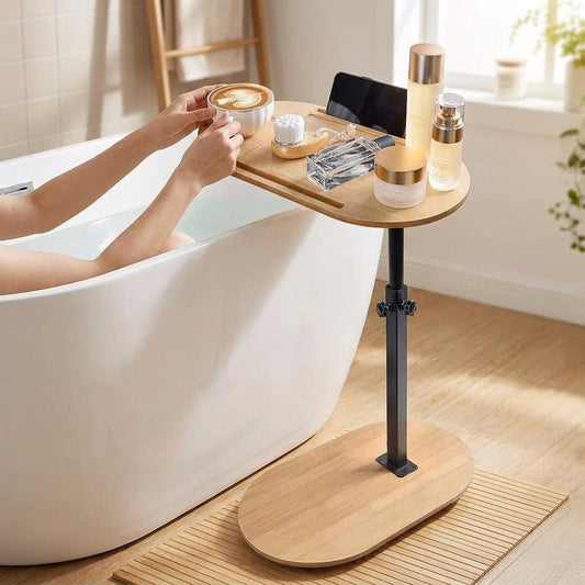 LISTINGOPT::kovosis::wooden-bathtub-side-traybamboo-bathtub-tray-tableheight-adjustable-freestanding-bath-caddy-tray-bathtub-side-table-home-spa::02-inuse