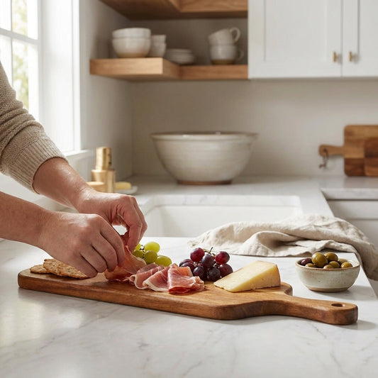 LISTINGOPT::kovosis::wooden-charcuterie-board-large-serving-platter-for-cheese-pizza-bread-appetizers-with-handle-rustic-kitchen-cutting-board::02-inuse