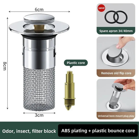 Washbasin Plug Anti Odor Pop-Up Bounce Core Basin Stopper Hair Catcher Shower Sink Strainer Stainless Steel Filter Bouncing Core