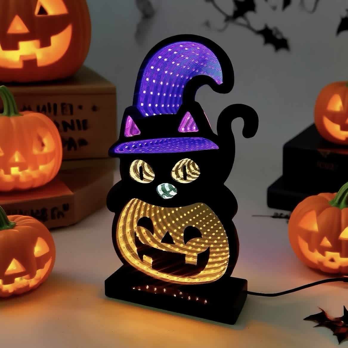 Luci a zucca 3D con gatto nero per un bagliore spettrale