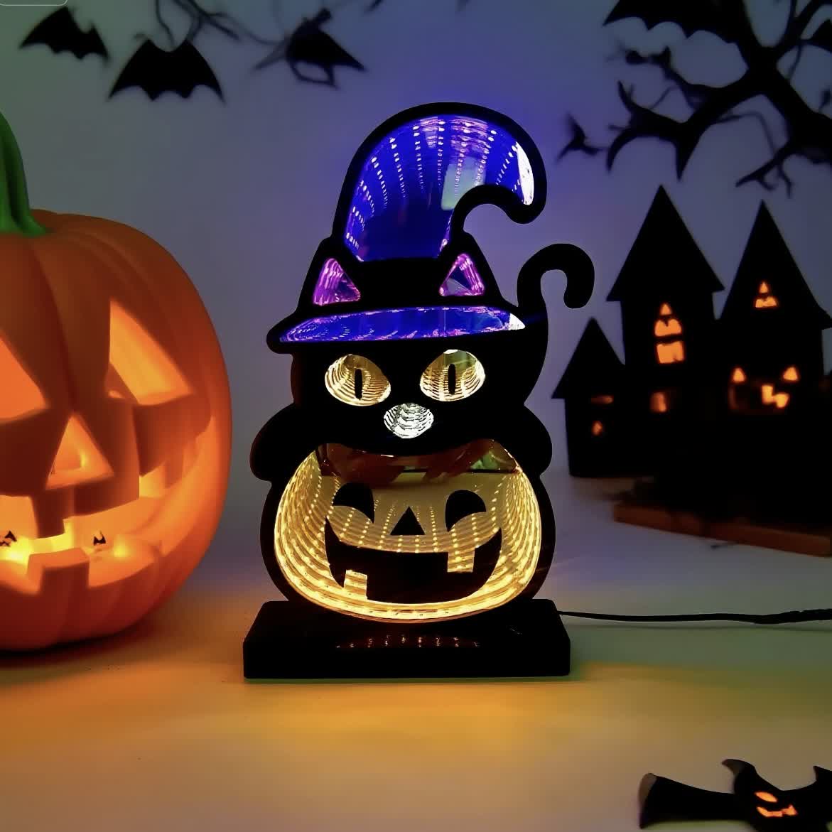 Luci a zucca 3D con gatto nero per un bagliore spettrale