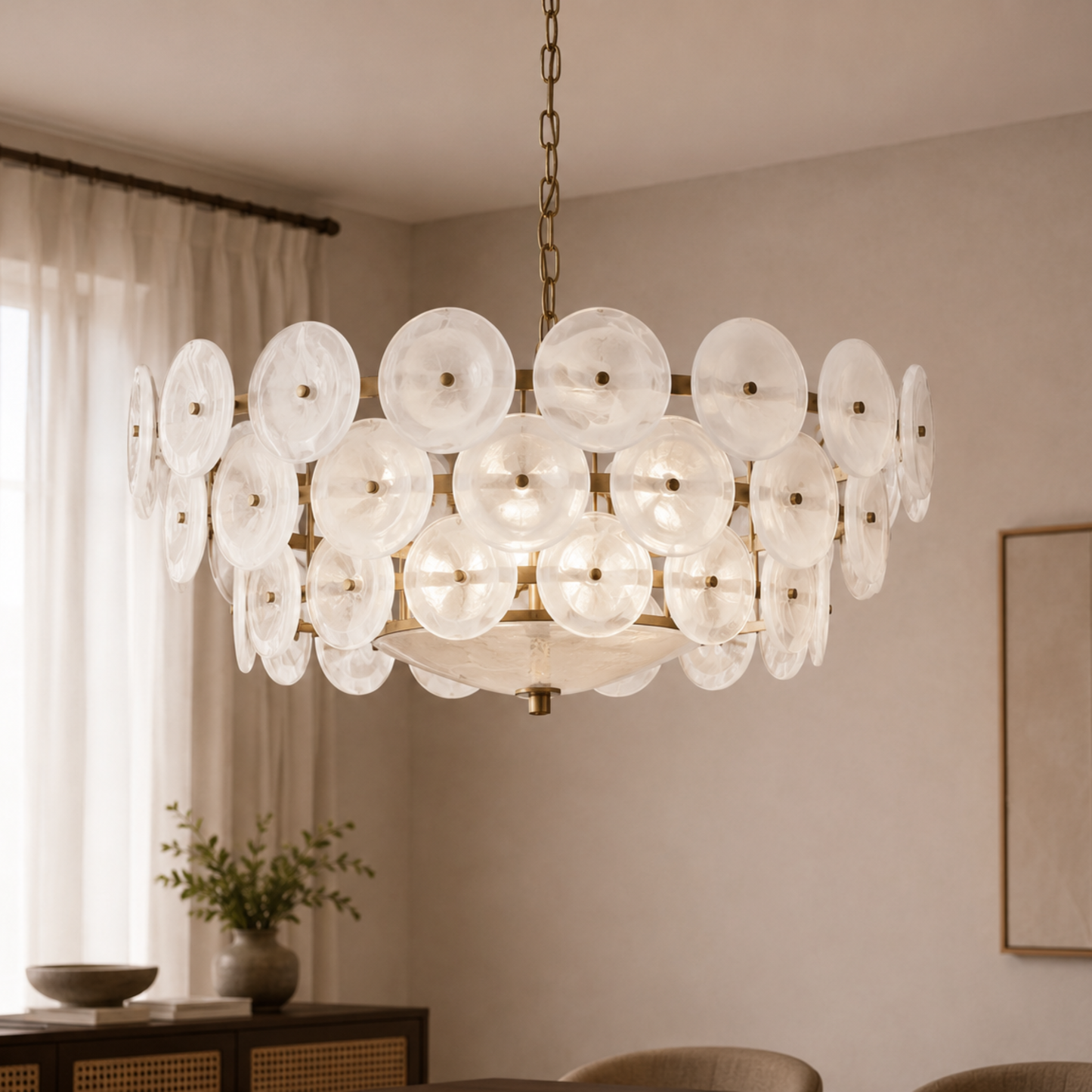 Lampadario a disco in vetro — luce ambientale scultorea