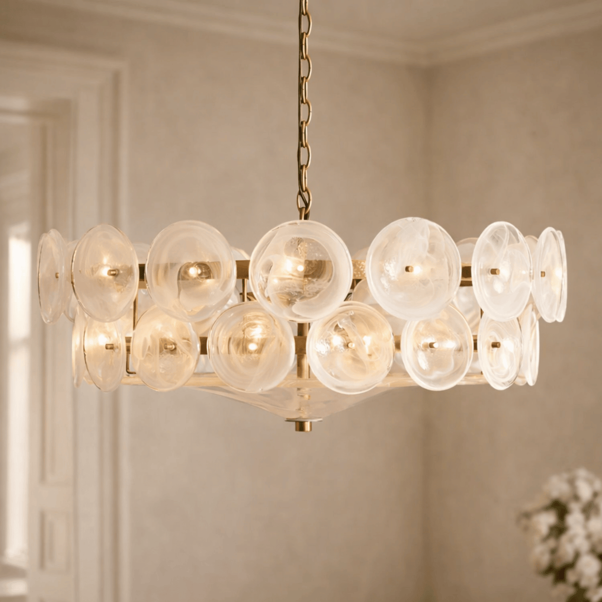 Lampadario a disco in vetro — luce ambientale scultorea