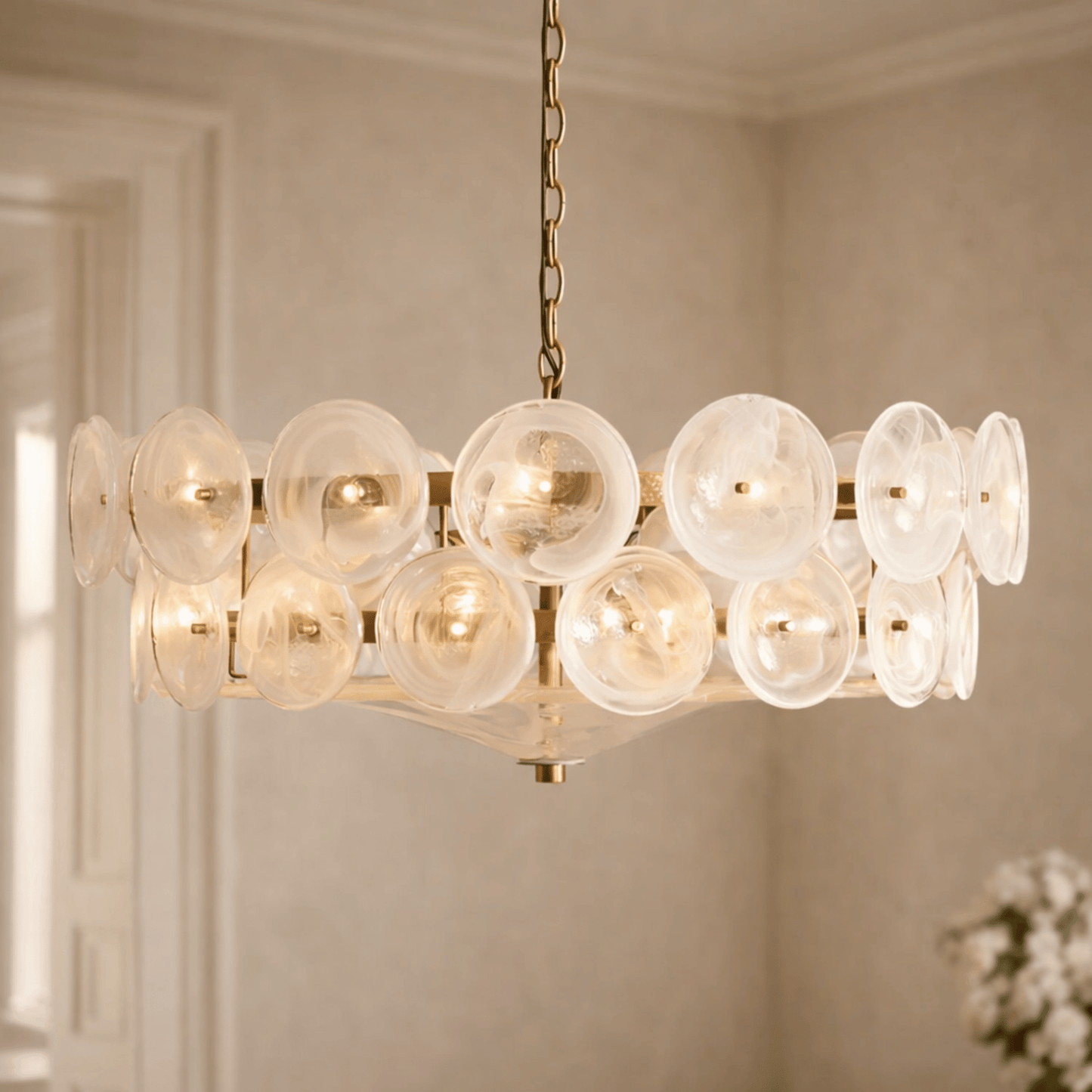 Lampadario a disco in vetro — luce ambientale scultorea