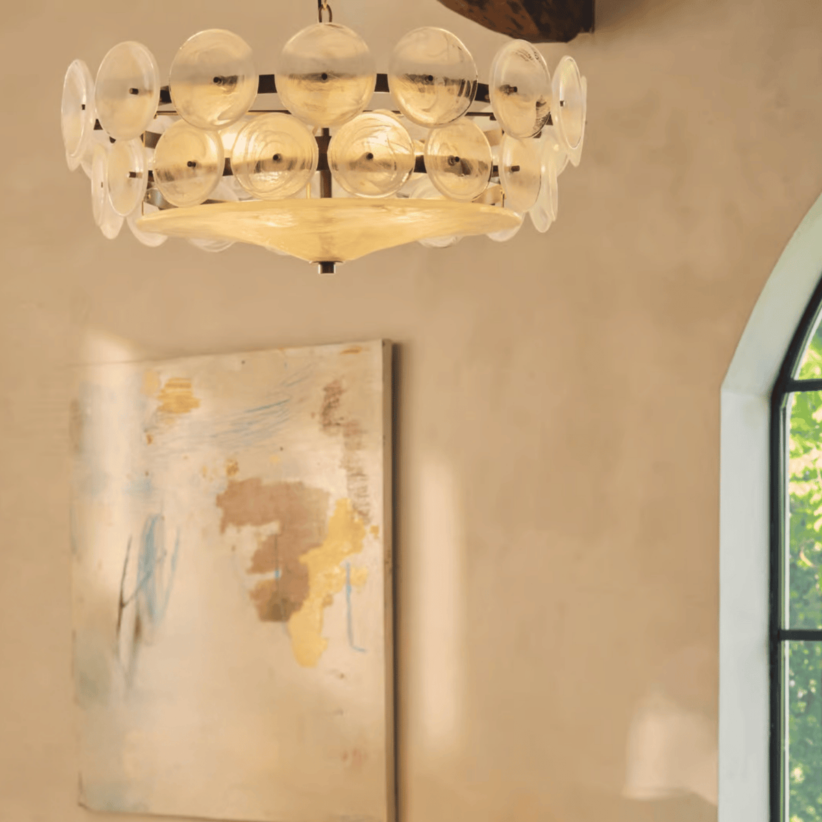 Lampadario a disco in vetro — luce ambientale scultorea