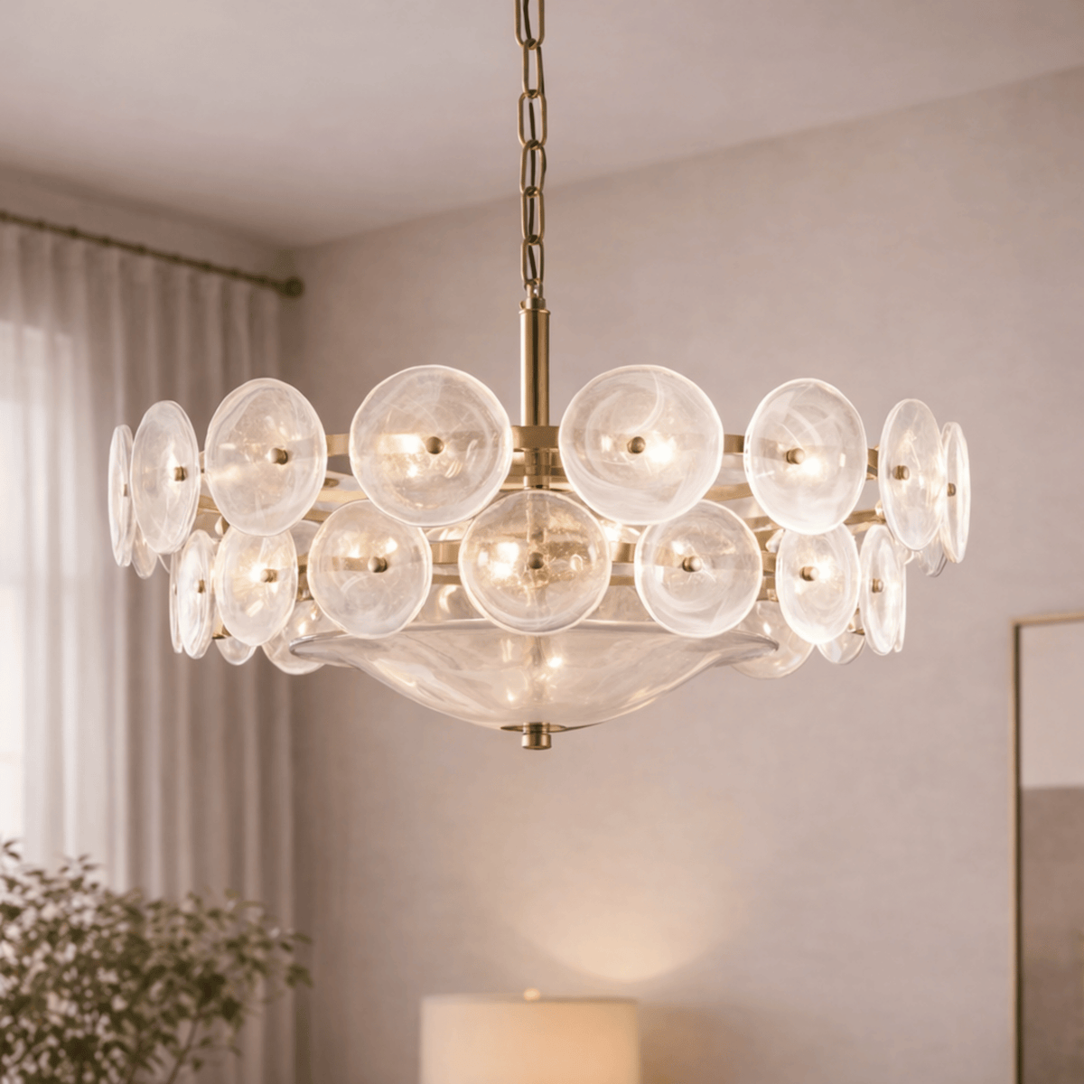 Lampadario a disco in vetro — luce ambientale scultorea