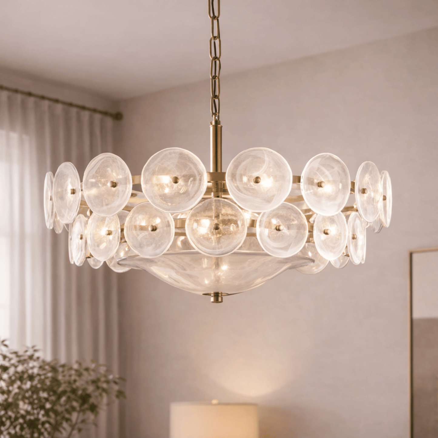 Lampadario a disco in vetro — luce ambientale scultorea