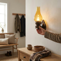 LISTINGOPT::kovosis::1-hode-veggmontering-lampe-antikk-kjerosene-jern-veggbelysning-med-glass-skjerm-i-bronse-norvo::02-inuse