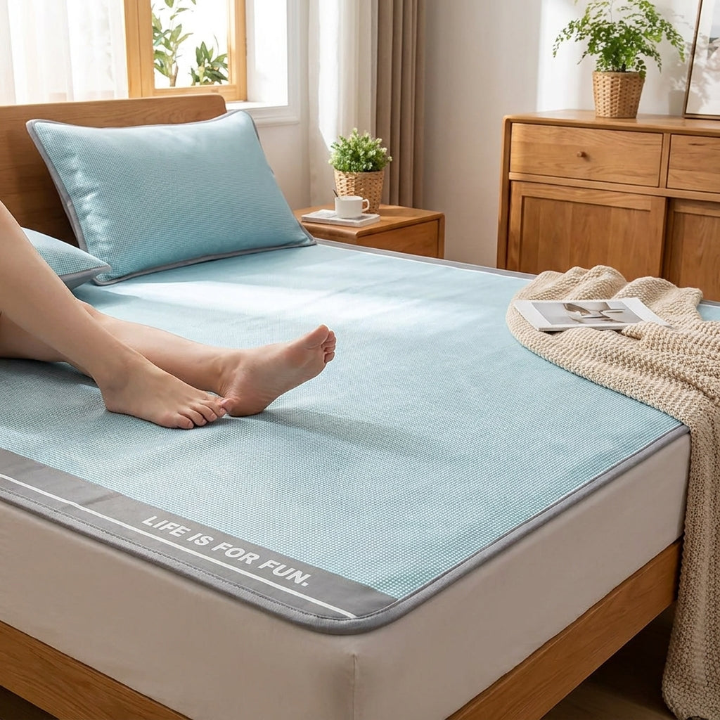 LISTINGOPT::kovosis::1pcs-summer-solid-color-ice-silk-cooling-mat-machine-washable-no-pillowcase-breathable-cool-sleep-mat-for-hot-summer-bedding::02-inuse