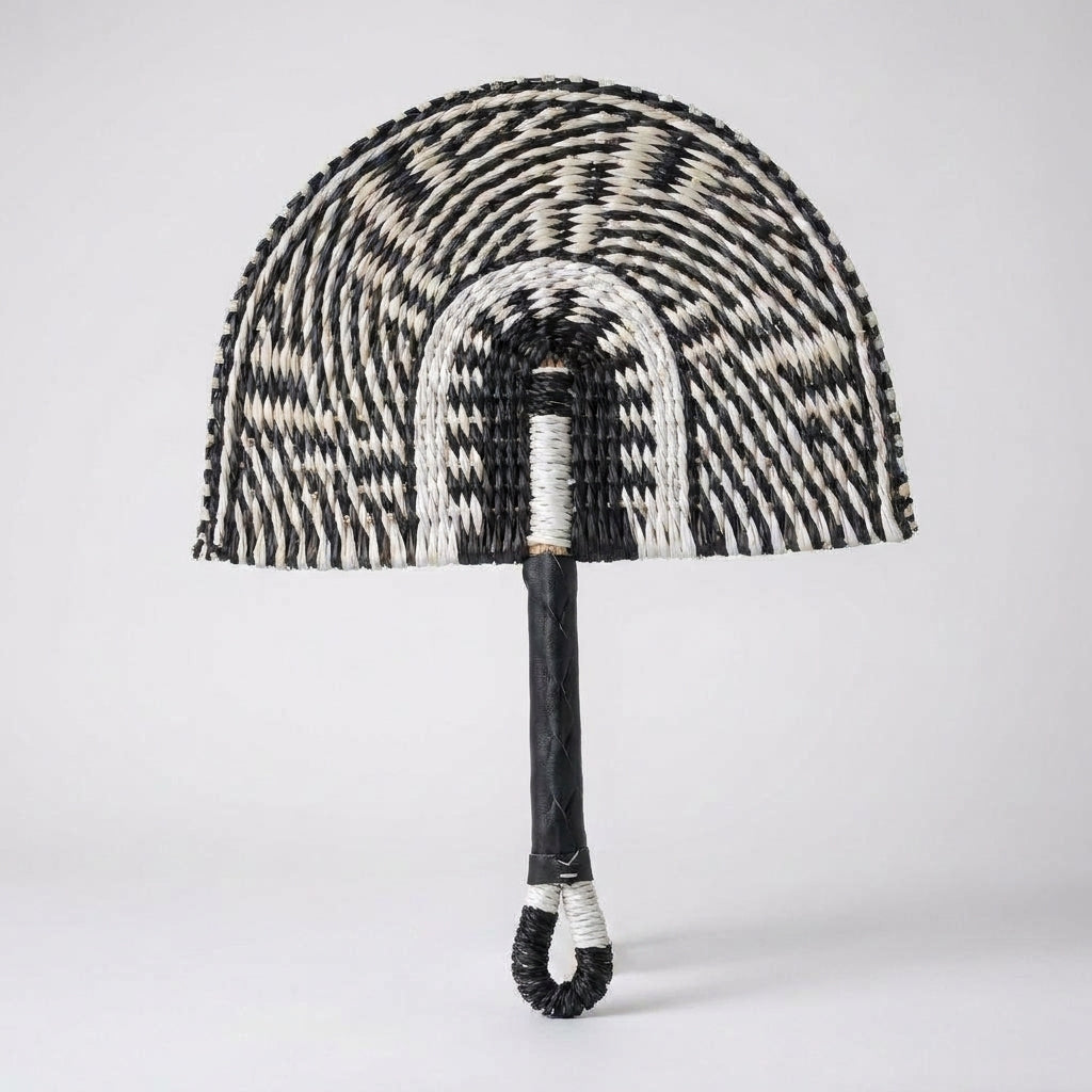 LISTINGOPT::kovosis::2025-new-hot-selling-seagrass-woven-straw-fan-wall-hanging-african-element-wind-wall-decoration-daily-summer-hand-crank-pu::color-black-and-white