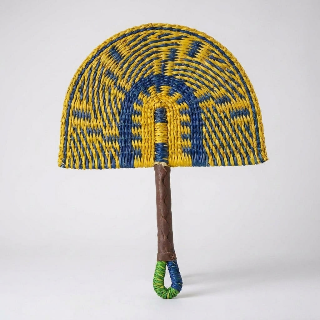 LISTINGOPT::kovosis::2025-new-hot-selling-seagrass-woven-straw-fan-wall-hanging-african-element-wind-wall-decoration-daily-summer-hand-crank-pu::color-yellow-blue