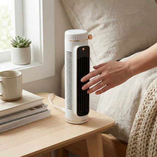 LISTINGOPT::kovosis::5w-tower-fan-usb-charging-portable-air-conditioner-electric-vertical-fan-bladeless-summer-fan-for-home-bedroom::02-inuse