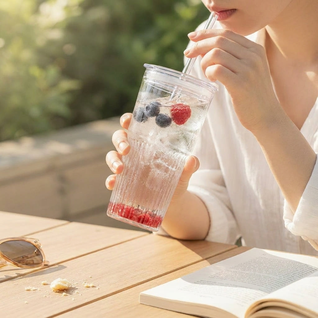 LISTINGOPT::kovosis::600ml-striped-glass-cup-with-lid-straw-transparent-drinking-glass-for-juice-iced-coffee-water-outdoor-drinkware::02-inuse