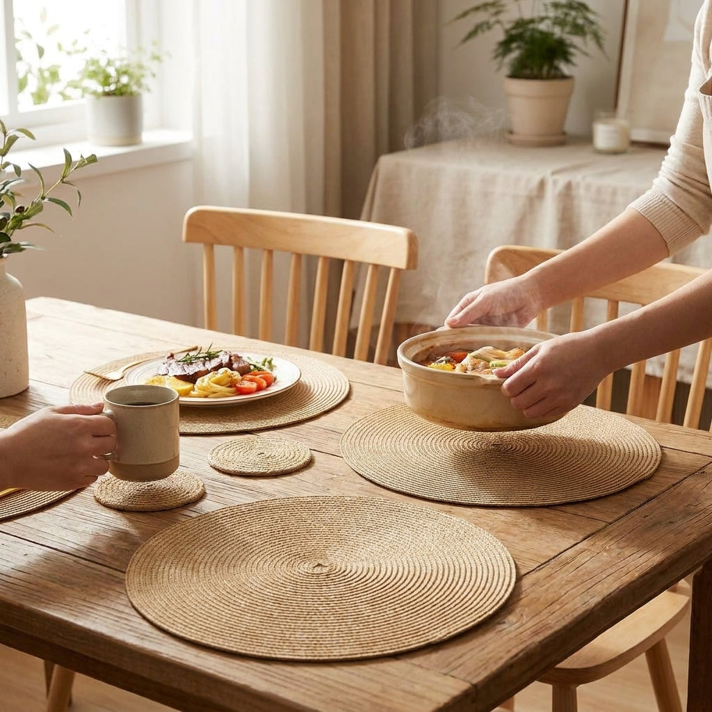 LISTINGOPT::kovosis::6pcs-round-table-mat-and-cup-coasters-set-woven-ramie-placemats-anti-slip-dining-placemats-non-slip-tableware-bowl-pads-kitchen::02-inuse
