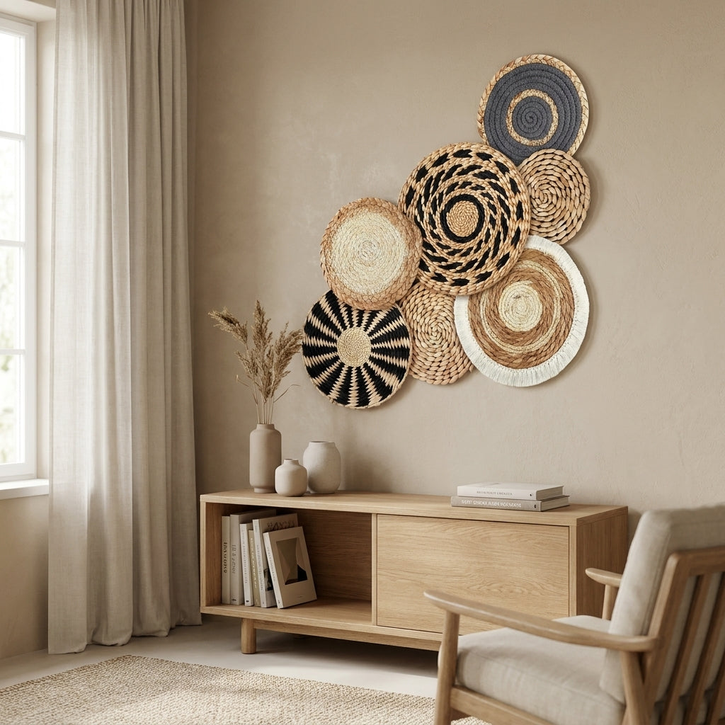 LISTINGOPT::kovosis::7pcs-boho-chic-handcrafted-seagrass-wall-baskets-rattan-woven-round-bohemian-decor-for-homefarmhouse-featherlessversatile-use::01-hero