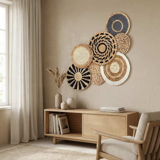 LISTINGOPT::kovosis::7pcs-boho-chic-handcrafted-seagrass-wall-baskets-rattan-woven-round-bohemian-decor-for-homefarmhouse-featherlessversatile-use::01-hero