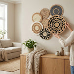 LISTINGOPT::kovosis::7pcs-boho-chic-handcrafted-seagrass-wall-baskets-rattan-woven-round-bohemian-decor-for-homefarmhouse-featherlessversatile-use::02-inuse