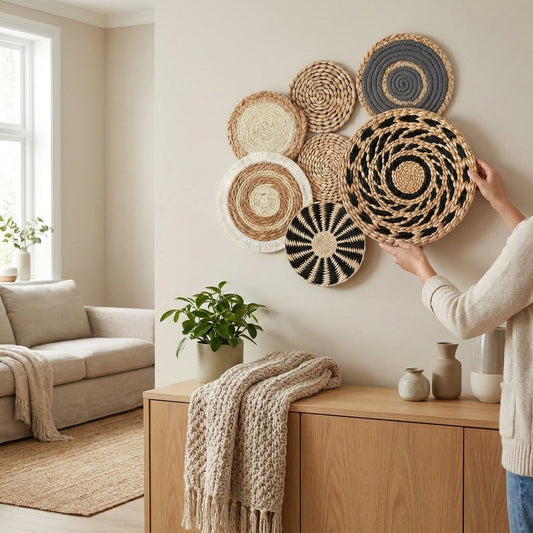 LISTINGOPT::kovosis::7pcs-boho-chic-handcrafted-seagrass-wall-baskets-rattan-woven-round-bohemian-decor-for-homefarmhouse-featherlessversatile-use::02-inuse