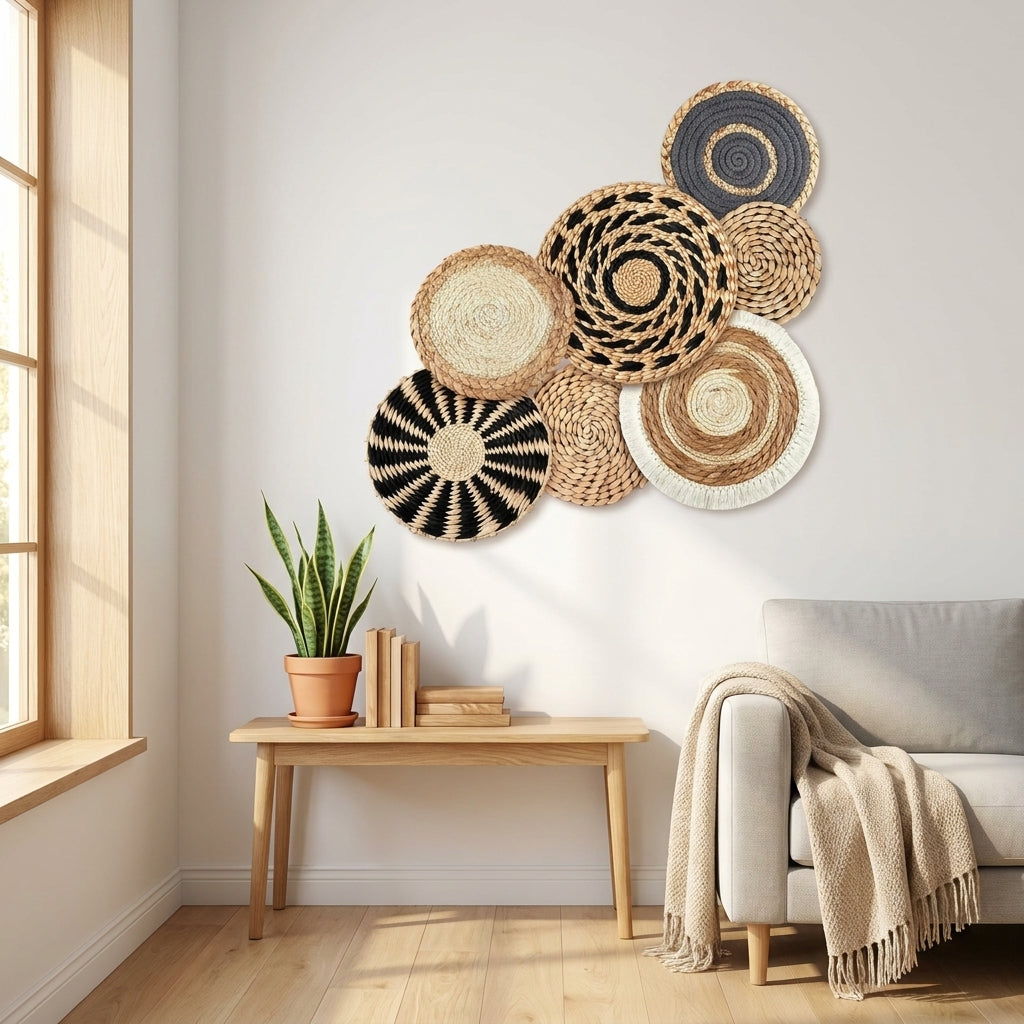 LISTINGOPT::kovosis::7pcs-boho-chic-handcrafted-seagrass-wall-baskets-rattan-woven-round-bohemian-decor-for-homefarmhouse-featherlessversatile-use::03-lifestyle