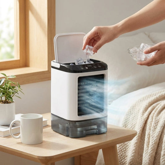 LISTINGOPT::kovosis::air-conditioner-portable-fan-desktop-dual-spray-ultrasonic-atomization-3-speed-mute-air-cooler-night-light-electric-fan-for-home::02-inuse