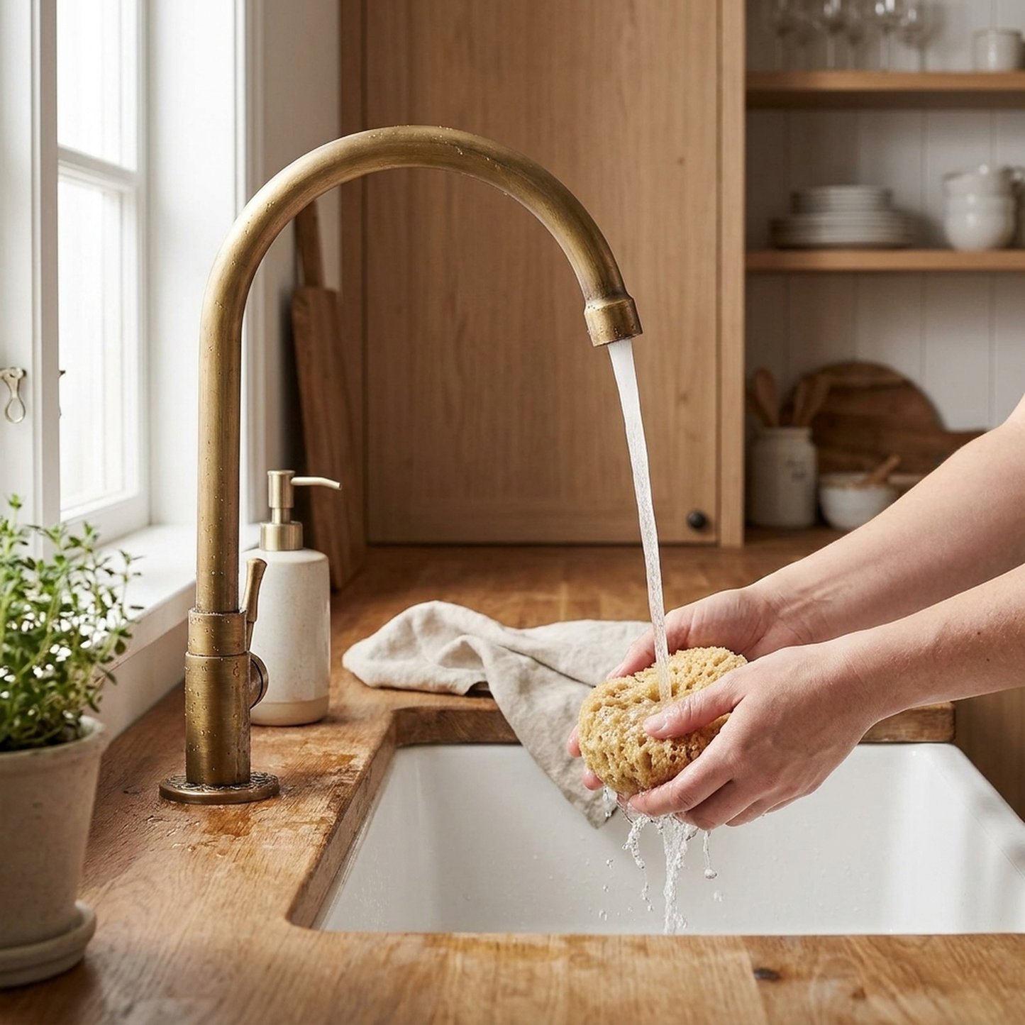 LISTINGOPT::kovosis::antique-brass-swan-neck-faucet-sculptural-elegance::02-inuse