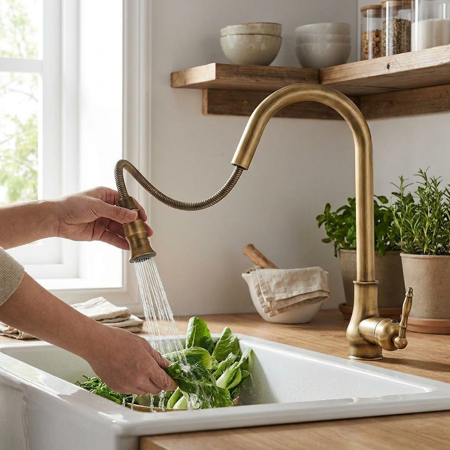 LISTINGOPT::kovosis::antique-bronze-pull-out-kitchen-faucet-for-flexible-reach::02-inuse