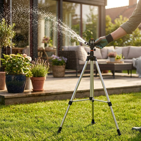 LISTINGOPT::kovosis::aquaspin-adjustable-stainless-steel-rotating-sprinkler-with-tripod::02-inuse