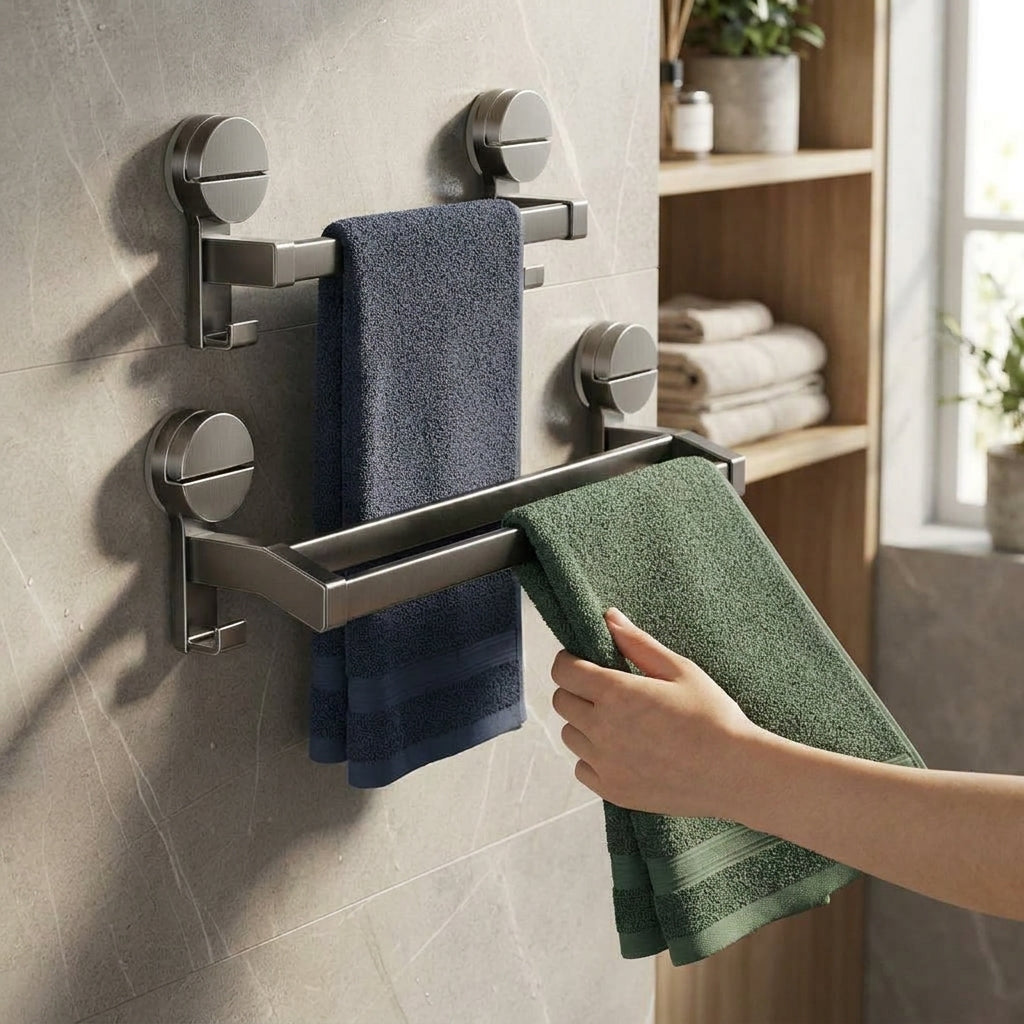 LISTINGOPT::kovosis::bathroom-towel-holder-without-drilling-hole-suction-cup-wall-mount-two-bar-hand-towel-rack-kitchen-shower-bath-room-towel-shelf::02-inuse