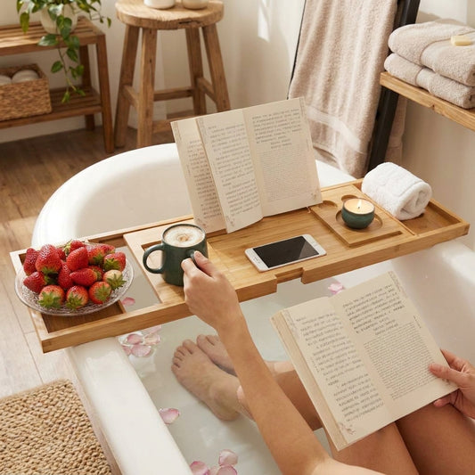 LISTINGOPT::kovosis::bathtub-caddy-tray-bamboo-spa-bathtub-caddy-organizer-book-wine-tablet-holder-reading-rack-nonslip-bottom-extendable-sides::02-inuse