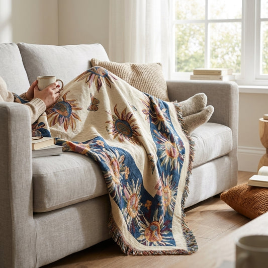 LISTINGOPT::kovosis::boho-floral-jacquard-throw-blanket-with-butterfly-pattern-vintage-woven-tapestry-bedspread-soft-cotton-blend-decorative-blanket::02-inuse