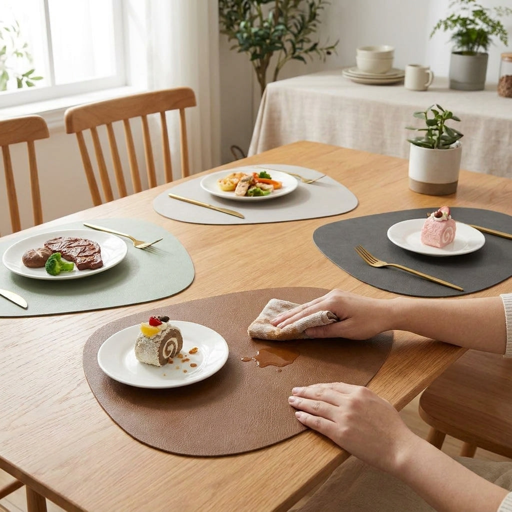 LISTINGOPT::kovosis::double-sided-anti-slip-pu-insulation-pad-table-mat-nordic-style-imitation-cowhide-pattern-water-droplet-shaped-leather-placemat::02-inuse