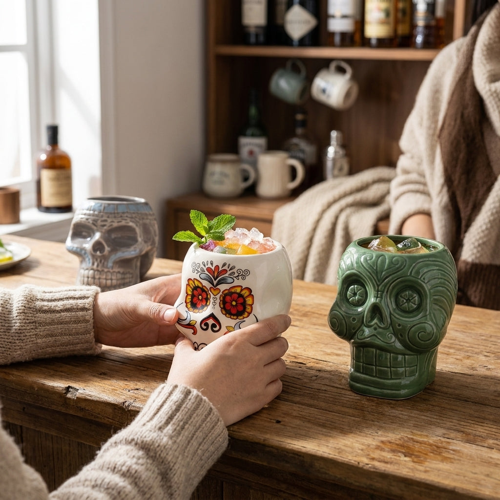 LISTINGOPT::kovosis::drinking-glassestattoo-skull-tiki-cocktail-glassflower-face-creative-cocktail-glassesceramic-wineglasshawaii-bar-accessories::02-inuse