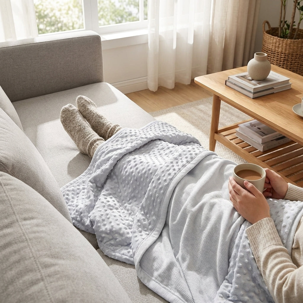 LISTINGOPT::kovosis::emotional-cooling-blanket-for-relaxation-soundwave-technology-embossed-striped-design-with-ball-accents-breathable-lightweight-summer-throw-machine-washable-wrinkle-resistant-multi-use-blanket-and-shawl-in-white-and-grey-random-color::02-inuse