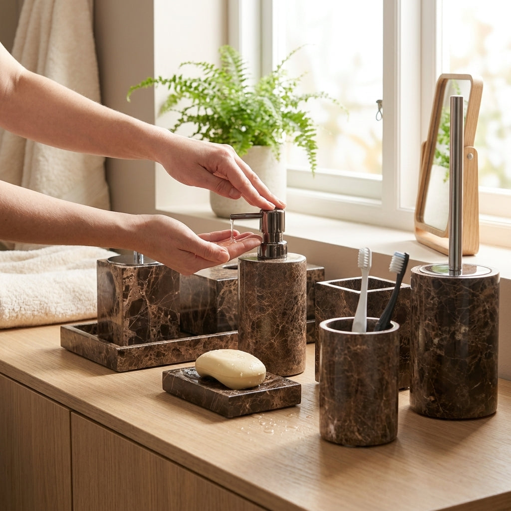 LISTINGOPT::kovosis::emperador-dark-marmeren-badkamerset-zeeppompje-dienblad-tissuedoos-tandenborstelhouder::02-inuse