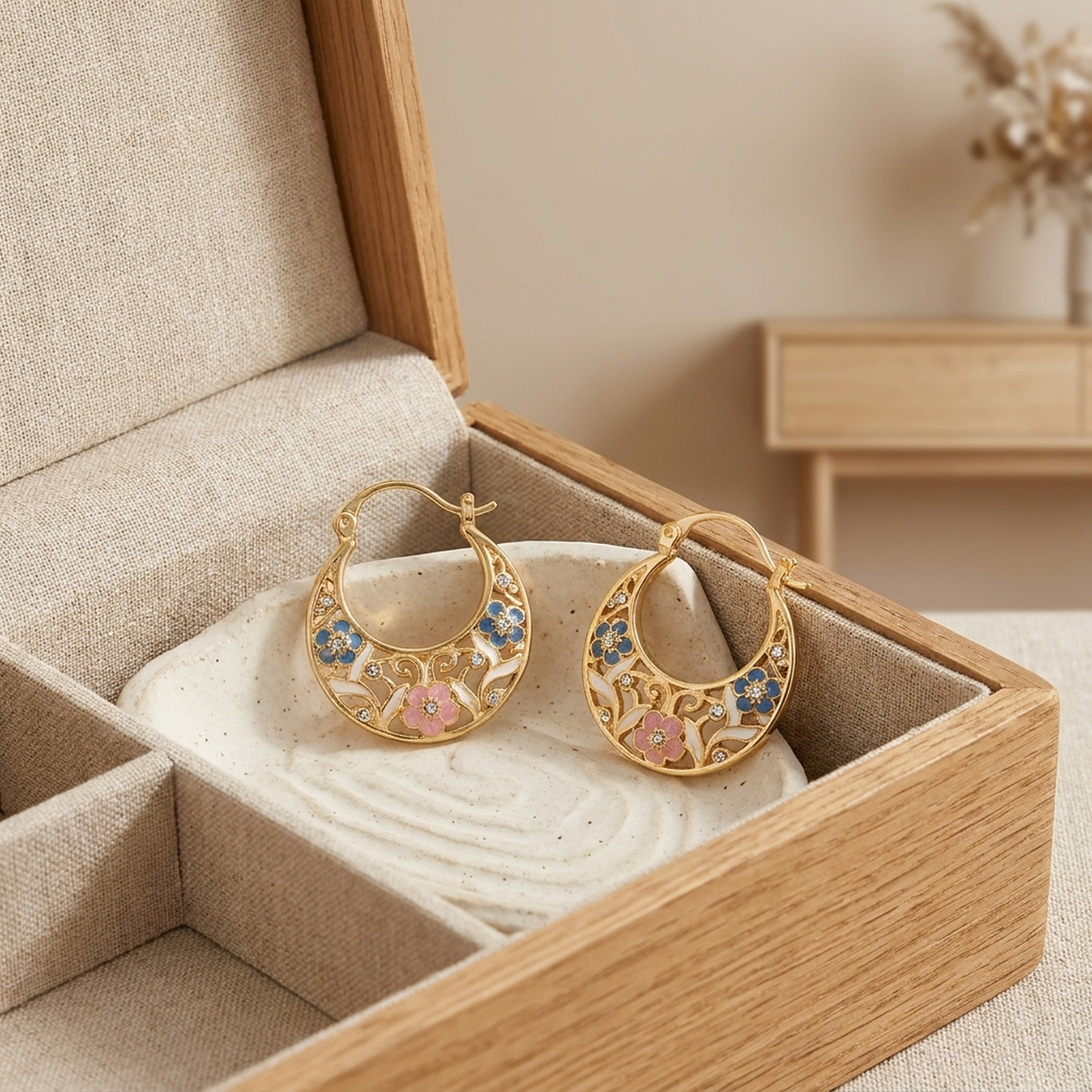 LISTINGOPT::kovosis::enamel-flower-crescent-hoop-earrings-artistic-flair::01-hero