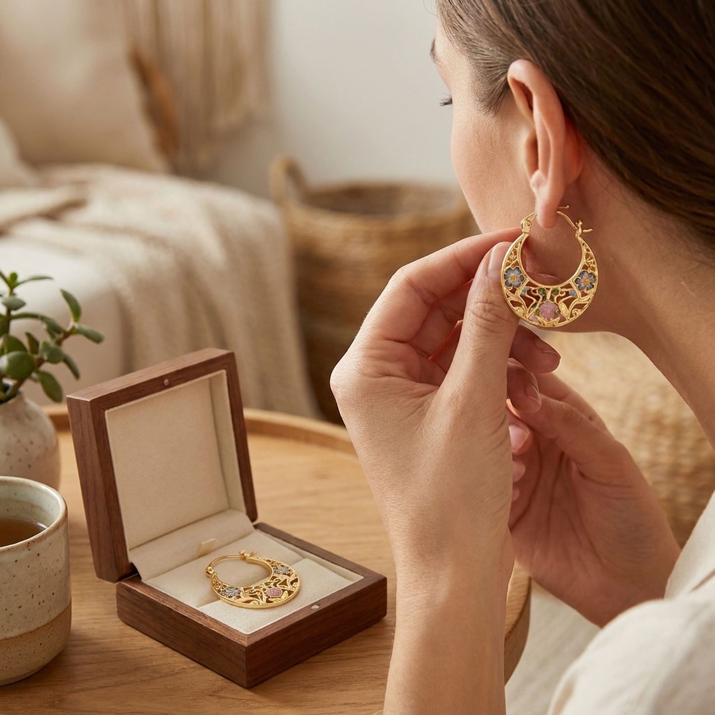 LISTINGOPT::kovosis::enamel-flower-crescent-hoop-earrings-artistic-flair::02-inuse