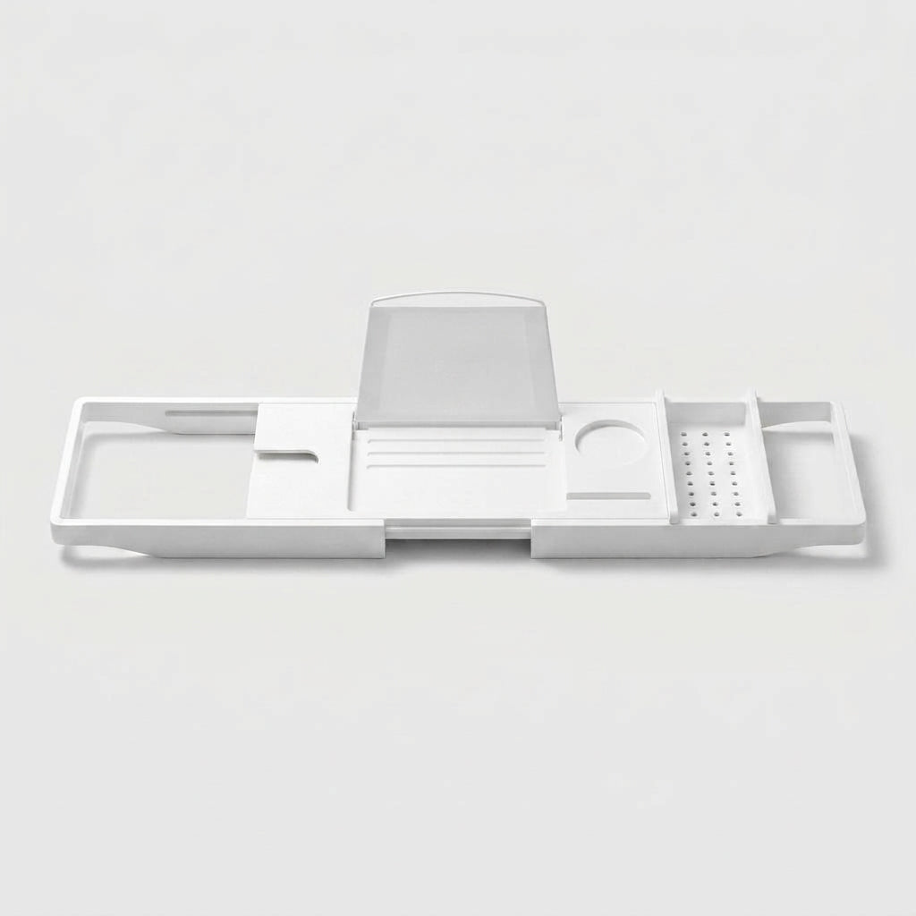 LISTINGOPT::kovosis::expandable-drain-bath-shelf-caddy-tray-multifunctional-plastic-bathtub-tray-bathroom-organizer-simple-stylish-bathtub-storage::color-white