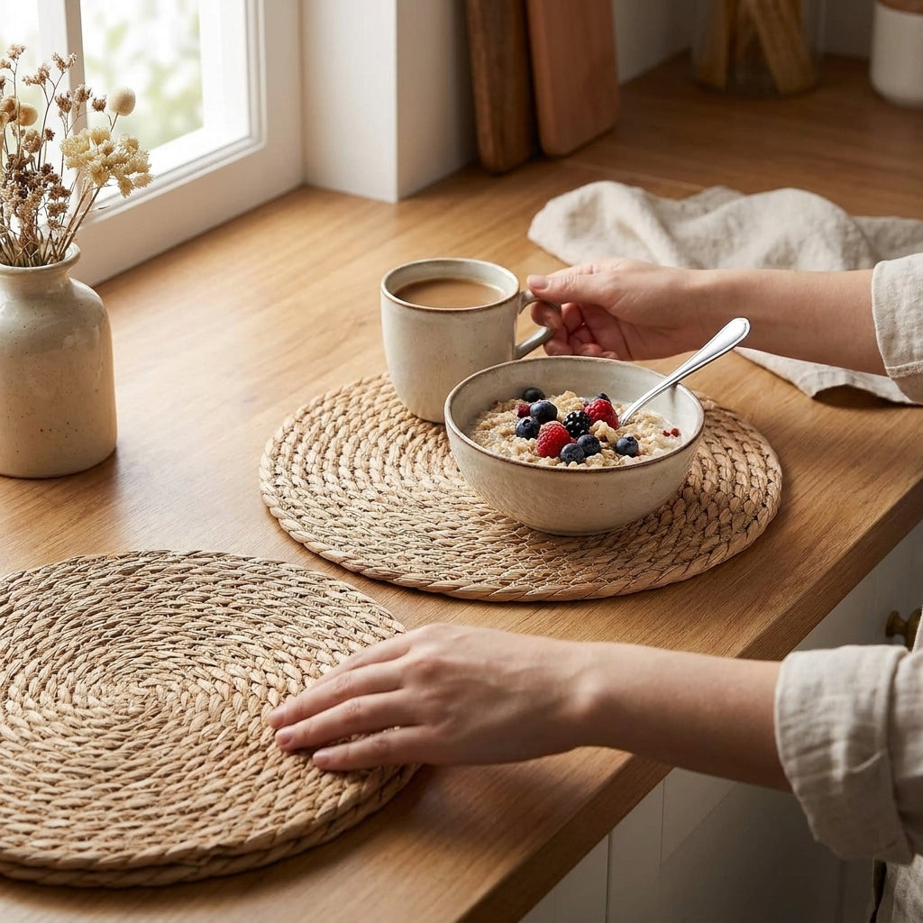 LISTINGOPT::kovosis::handwoven-rattan-placemats-round-heat-insulation-pot-mats-bohemian-coaster-natural-western-placemats-dining-home-wedding-decor::02-inuse