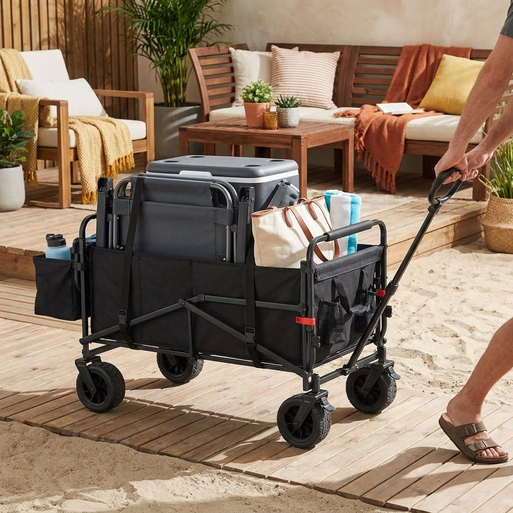 LISTINGOPT::kovosis::leveleve-heavy-duty-folding-wagon-2-in-1-collapsible-cart-400lb-650lb-capacity-all-terrain-wheels-wbrakes-and-aside-pockets::02-inuse