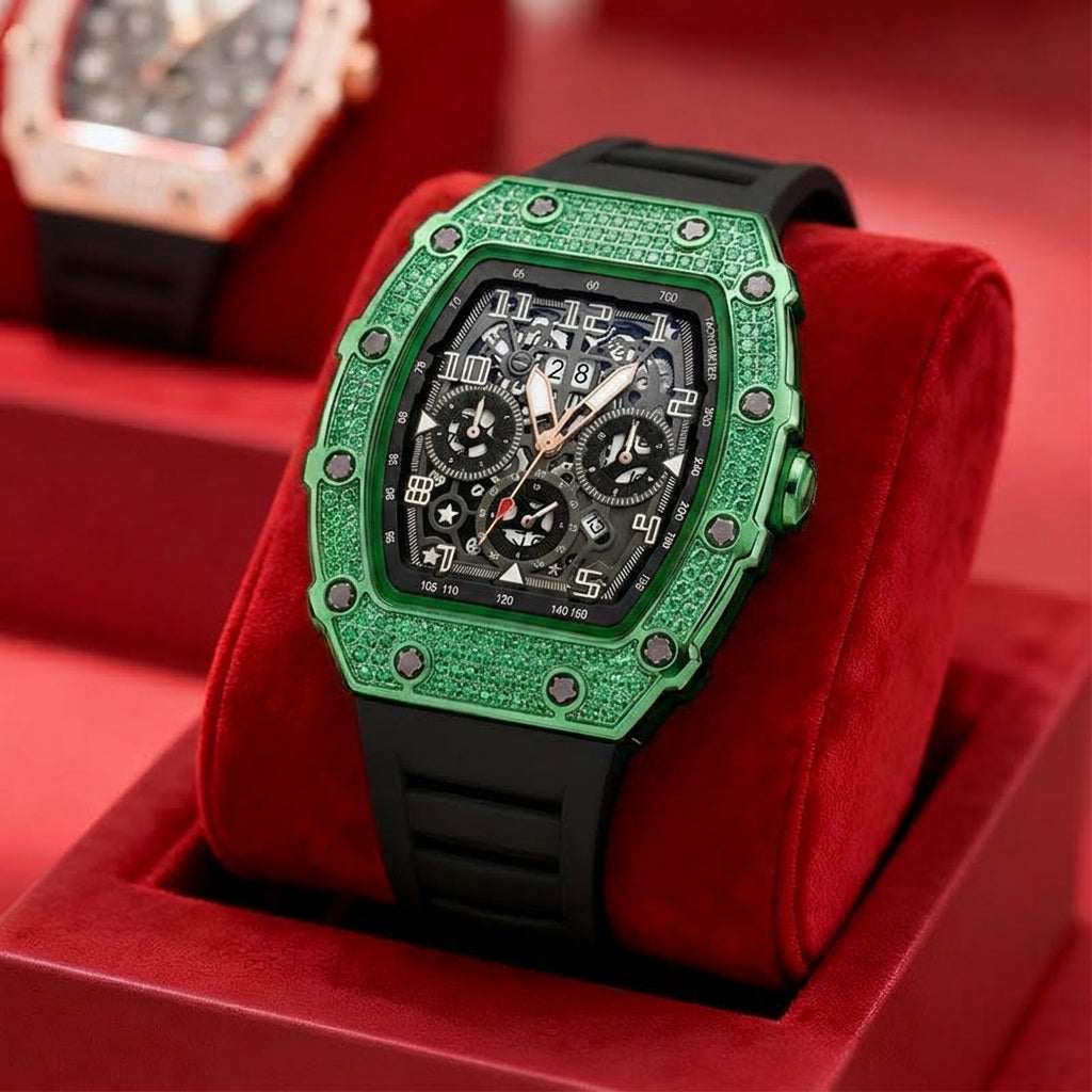 LISTINGOPT::kovosis::luxury-mens-tonneau-shaped-watch-with-rhinestone-embellishment::color-green
